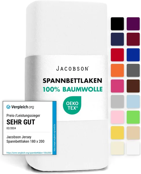 free ads Jacobson Jersey Fitted Bettlaken, Baumwoll-Bettlaken, 180 x 200 cm bis 200 x 200 cm, Weiß