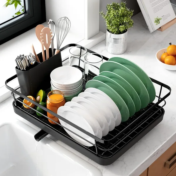 free ads Kitsure Dish Drying Rack for Kitchen Counter – Space-Saving Stainless Steel Dish Drainer with Cutler