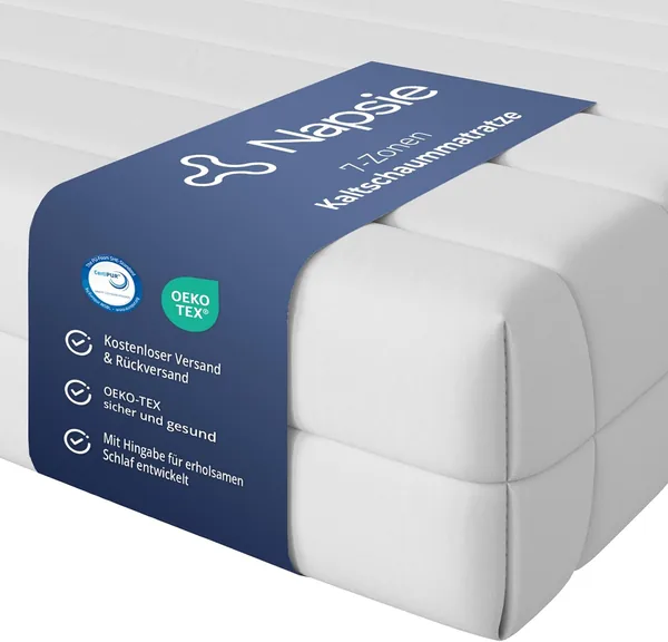 free ads NAPSIE 7-Zonen Matratze 90 x 200 cm H3 Medium Firm Ergonomisches Kaltschaum-Kissen Hypoallergen & Antibakteriell Abnehmbares Cover