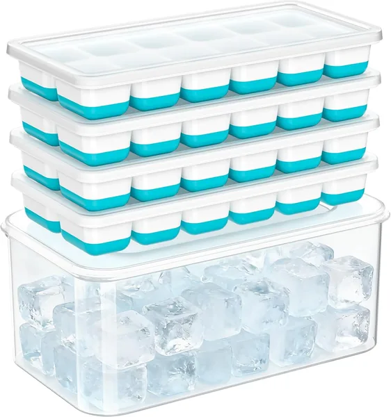 free ads NFK Ice Cube Tray with Lid & Bin – 4 Pack 48 Cubes Stackable Silicone Trays for Freezer with Storage