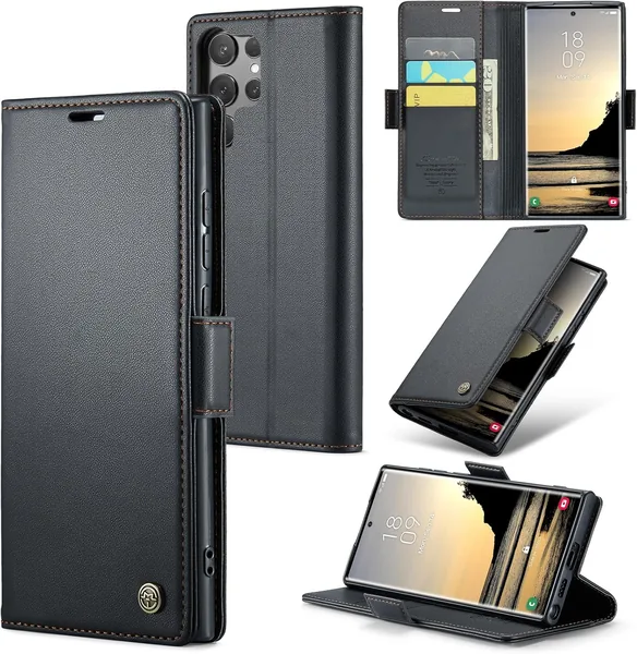 free ads oiysrtoc Hoes voor Samsung Galaxy S25 Ultra, Premium Leerhoes met 3 Kaartvakken, RFID Blokkering, Opvouwbaar Kickstand