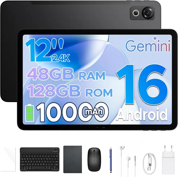 free ads P12 Tablet 12 Pulgadas con Pantalla 2.4K 120Hz, Android 16, IA Gemini, Batería 10000mAh, 48GB+128GB/2TB, Procesador Unisoc T7280