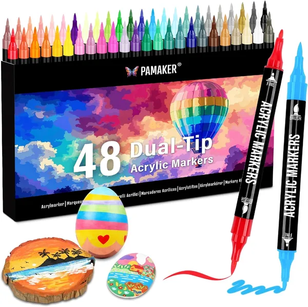 free ads Pamaker 48 Farben Acryl Stift Set – Acryl Marker mit feiner Spitze und Pinsel für Stoff, Leinwand, Glas, Holz und Papier – 19% Rabatt