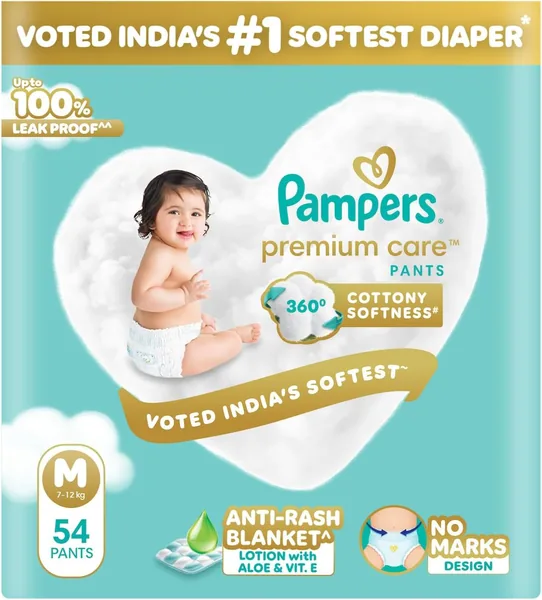 free ads Pampers Premium Care पैंट शैली के बेबी डायपर M 54 काउंट | नो मार्क्स डिज़ाइन | भारत में नंबर 1 सबसे नरम डायपर | ऑल इन 1 डायपर