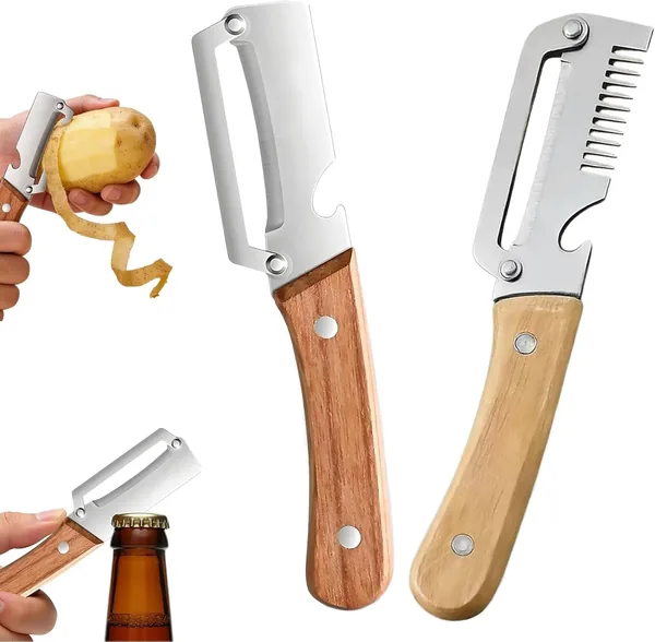 free ads Pelador de Verduras 2 en 1 con Mango de Madera y Destapador, Pelador y Cuchillo Multifuncional de Acero Inoxidable