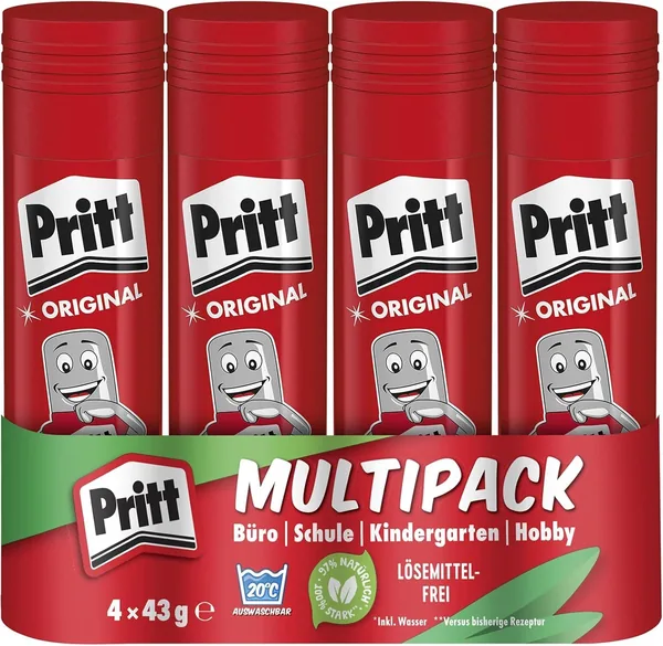 free ads Pritt Klebstoff, sicher und kindgerecht für Kunsthandwerk, starker Kleber für Schulsachen und Bürobedarf, 4 x 43 g