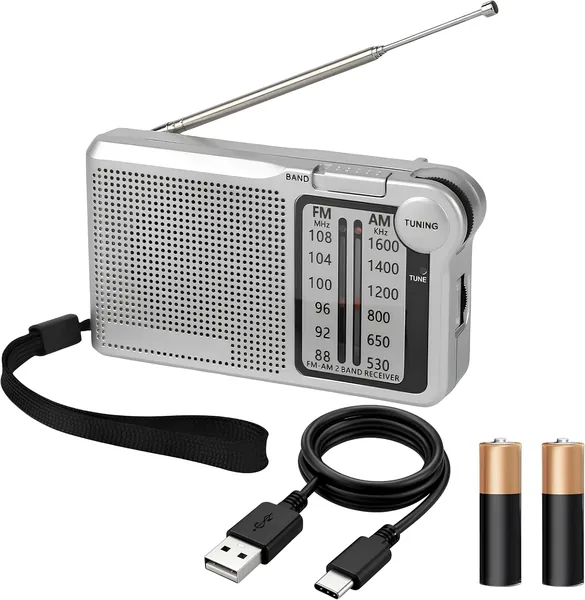 free ads Rádio Portátil AM/FM Recarregável ou a Pilha, 2 Bandas, com Cabo USB e Entrada para Fone, Longo Alcance