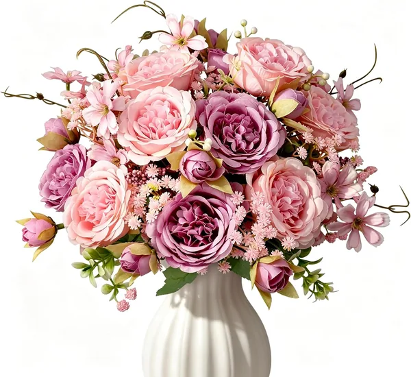 free ads Rollway Künstliche Pfingstrosen Blumenstrauß mit Schleierkraut – 13 Stück Kunstblumen wie echt, Rosa und Lila