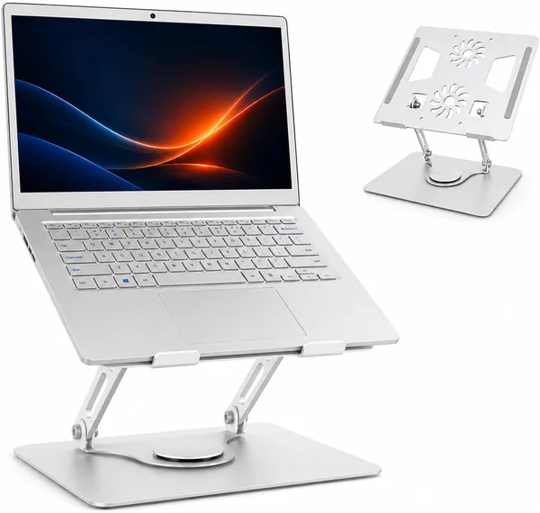 free ads Suporte para Notebook até 17” em Aço Carbono Ajustável Dobrável com Base Giratória 360°, Ventilação, Apoio Ergonômico e Pés Antiderrapantes