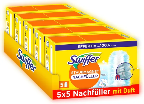 free ads Swiffer Dust Magnet Refill Pack, 25 Wipes (5 x 5) mit Febreze-Duft, fängt und haftet 3 Mal mehr Staub und Haare als C
