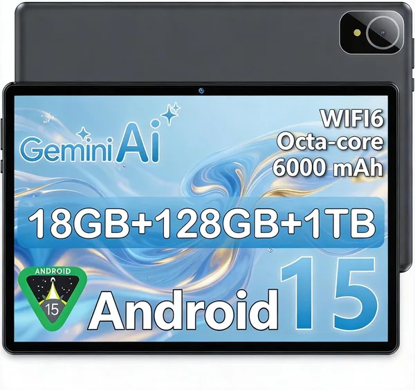 free ads Tableta Android 15 de 10 pulgadas gris, 6GB RAM (hasta 18GB) 128GB, Octa-Core T30, Pantalla IPS 1280×800, Batería 6000mAh, Wi-Fi