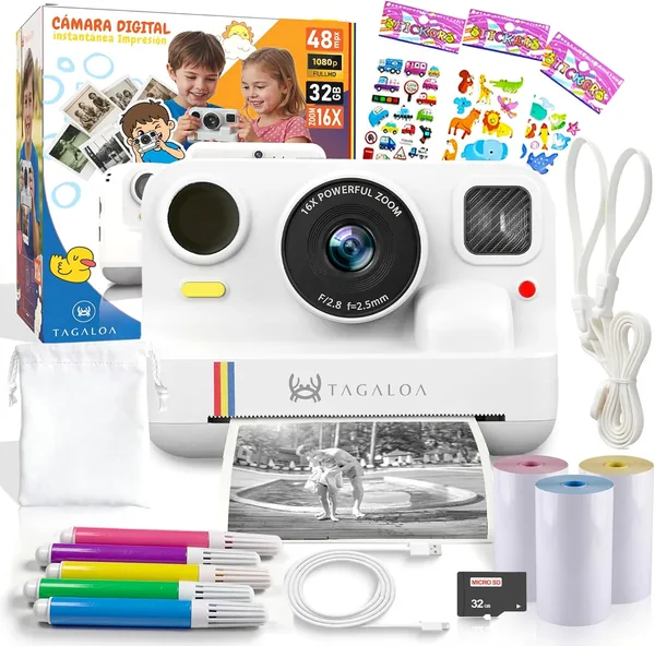 free ads TAGALOA® Cámara Fotográfica Instantánea para Niños | 48MP con Impresión Térmica, Pantalla de 2.4′, Vídeo 1080P, Tarjeta SD de 32GB y 3 Rodillos