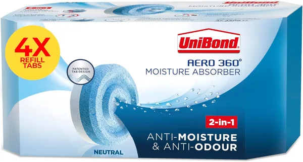 free ads UniBond AERO 360° Moisture Absorber Neutral Refill Tab, ultra-absorbent and odour-neutralising, for