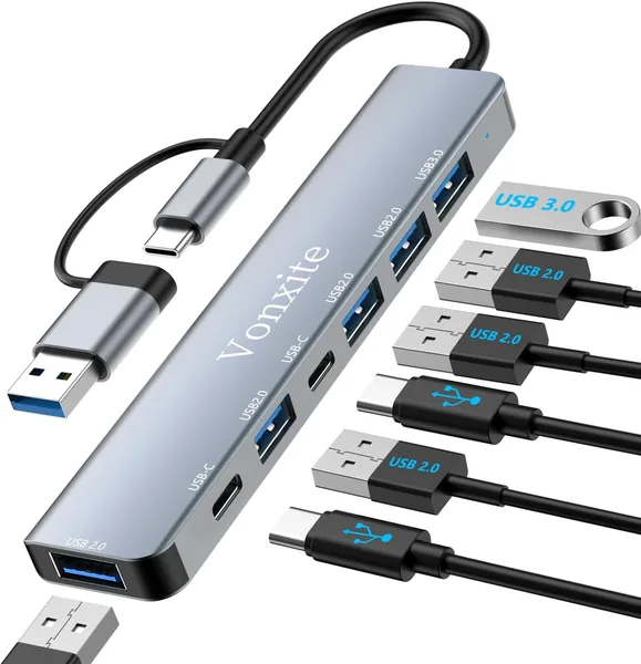 free ads USB-C Hub 7 in 1 mit 1x USB 3.0, 4x USB 2.0 und 2x USB-C, Hochgeschwindigkeits-Splitter