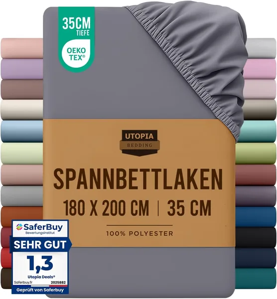 free ads Utopia Bedding, Bettlaken, 180 x 200 cm, Grau, Oeko-Tex zertifiziert, Gebürstetes Polyester-Mikrofaser, 35 cm tiefe Taschen – 9% Rabatt
