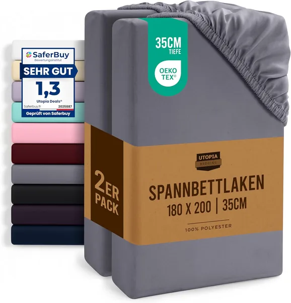 free ads Utopia Bedding, Set von 2 passenden Laken, 180 x 200 cm, Grau, Brushed Microfibre passtes Laken, 35 cm tiefe Tasche