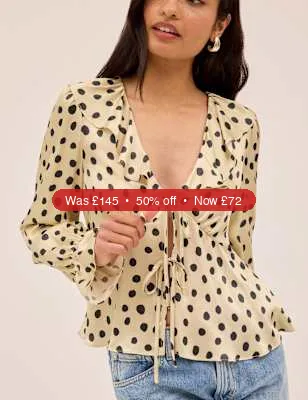 Kitri Satin Polka Dot V-Neck Tie Front Blouse – 50% Off