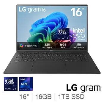 LG gram Copilot+PC, Intel Core Ultra 7, 16GB RAM, 1TB SSD, 16 Inch Laptop, 16Z90