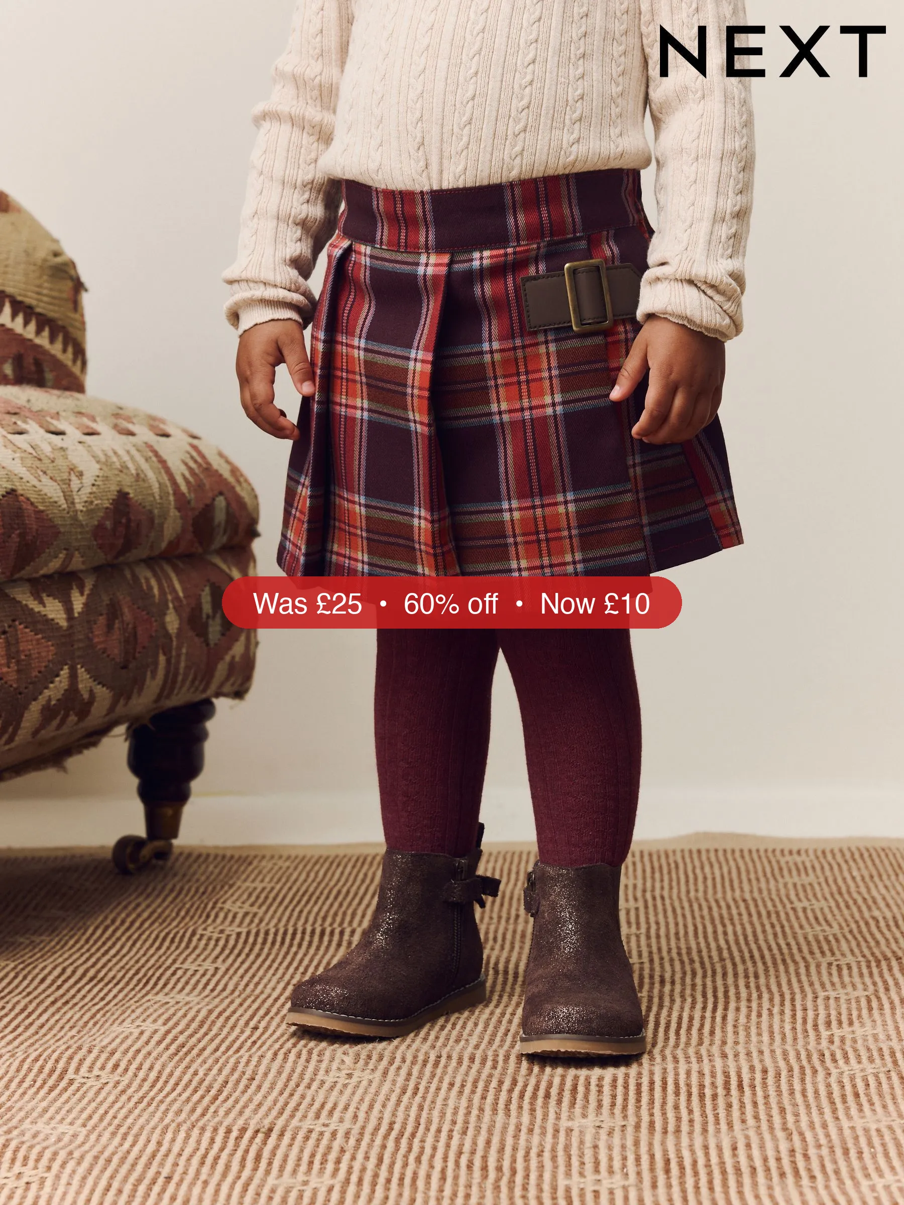 Next Burgundy Red Check Skort and Tights Set (3mths-7yrs) – 60% Off