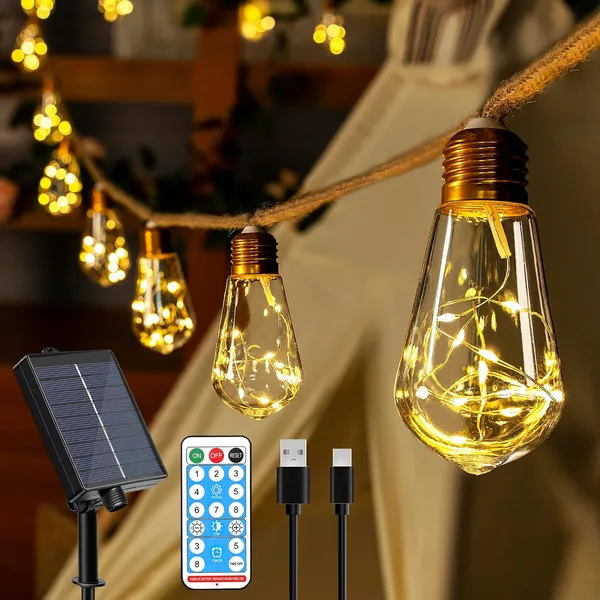 Ollny Solar Feeerlichter Outdoor mit 16 S17-Birnen, 8 m Feeerlichter, wetterfest, 8 Modi, Timer, dimmbar – USB