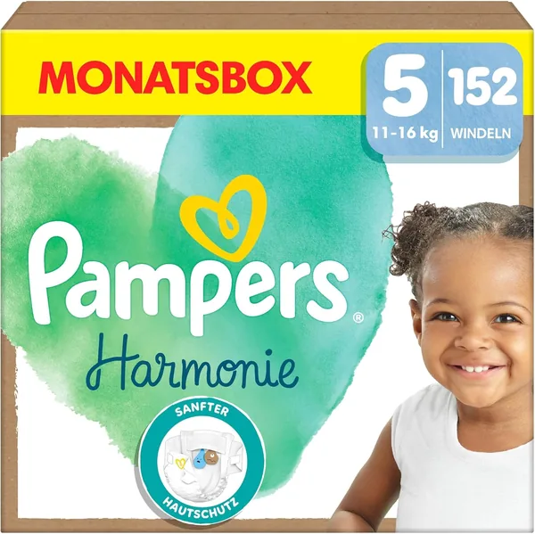 Pampers Babywindeln Größe 5 (11-16 kg) Harmonie, Monatskiste, sanfte Hautschutz und pflanzliche Inhaltsstoffe, Packung mit 152 Stk