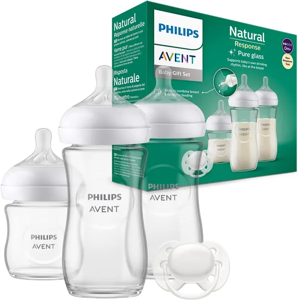 Philips Avent Glas-Babyflaschen Set für Neugeborene – 3 Flaschen Natural Response, Soft Schnuller – 38% Rabatt