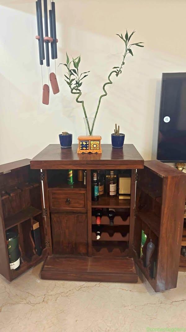 Sheesham Wood Bar Cabinet with Wheels & Foldable