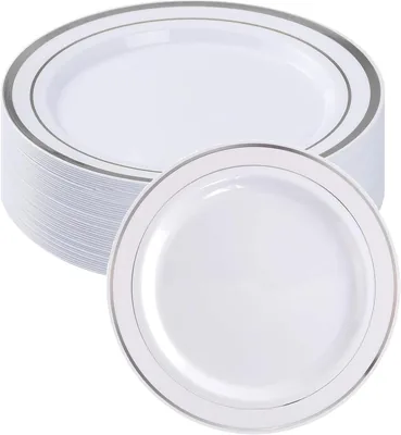 Silver Plastic Plates – 25pc Set, Round White Dinner & Dessert Plates, Reusable for Birthday Weddings