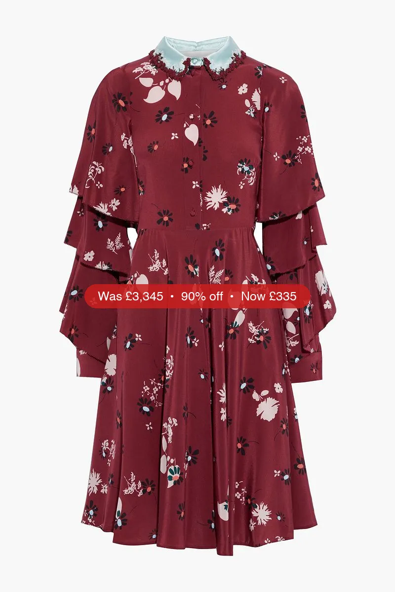 VALENTINO GARAVANI Tiered appliquéd floral-print silk crepe de chine dress – 90% Off