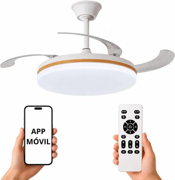 Ventilador de techo NARVI blanco y madera de haya con luz LED 45W regulable, motor DC silencioso de bajo consumo, lámpara de ventilador con telecomando, 3