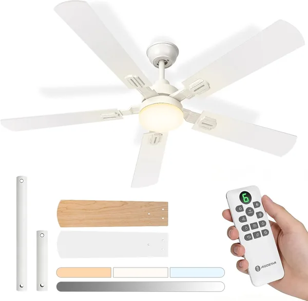 Ventilatore a Soffitto Aigostar con Luce e Telecomando Silenzioso 52 Pollici, 3000K/4000K/6000K Dimmabile, Motore DC 33W Reversibile