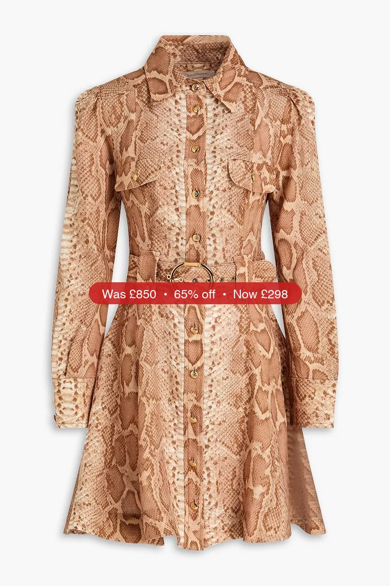 ZIMMERMANN Belted snake-print linen mini shirt dress – 65% Off