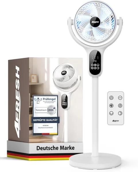 4FRESH Luftcirkulator Bodenventilator mit horizontaler und vertikaler Schwingung, 70°/90°, max. 6,6 m/s, 6 Windstärken, 3 Modi, 12h Timer – Best Deal