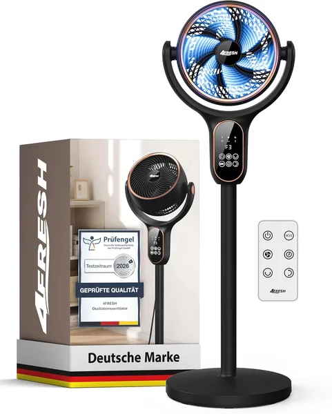 4FRESH Luftzirkulator Bodenventilator mit horizontaler und vertikaler Schwingung, Max. 6,6 m/s, 6 Windstärken, 3 Modi, 12h Timer – Best Deal