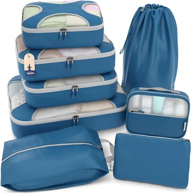 8 Set Packing Cubes – Navy Blue Travel Organizers with Laundry Bag