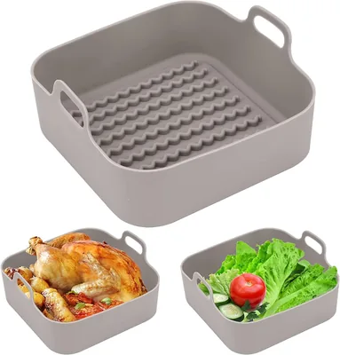 Air Fryer Silicone Pot, 8 Inch Square Basket, Reusable Liners – Gray