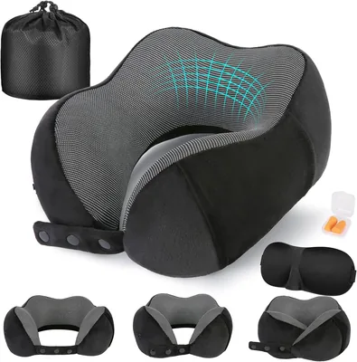 Almohada de viaje Cirorld, Cojín de cuello para avión y coche, Espuma memoria, Ajustable y Compacto, con