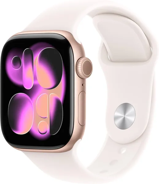 Apple Watch Series 11 GPS 42 mm med stålband i roséguld, och Sportband i rosé (S/M). Nattmätare, träningshjälp, hälsoövervakning. Best Price