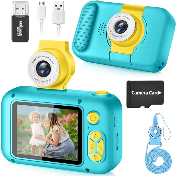 ARNSSIEN Camera för barn med stor 2,4″ skärm och 180° rotaterande lens, Barnkamera 3-12 år, 32GB minnekort inkluderat, Perfekt