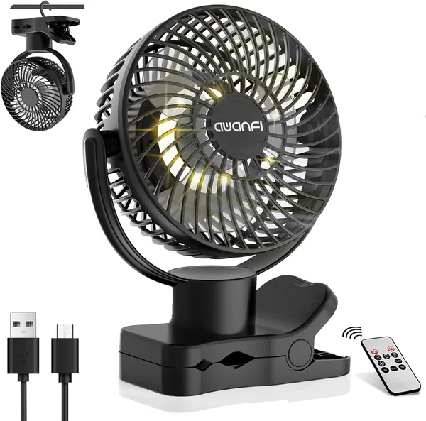 AWANFI 10000 mAh USB Ventilator, Campingventilator mit Fernbedienung, 360° Schwingung, Clipventilator mit LED-Licht, Mini Tabelle