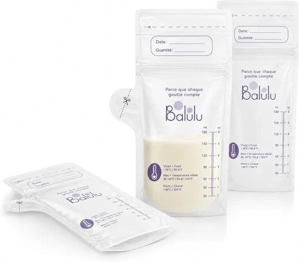 BALULU, Sachets de Conservation Lait Maternel Jetables avec Indicateur de Température, Pré-Stérilisés, Double Zip Anti-Fuite