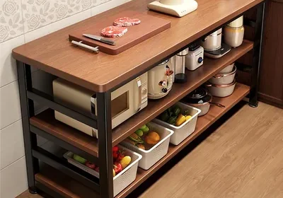 Beauty Kitchen Island: Wood Top, White Metal Frame, Mobile Counter with Shelves - Best Deal in Kuwait