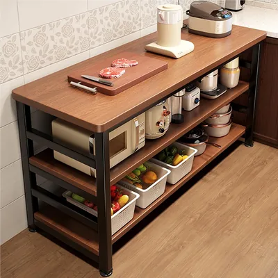 Beauty Kitchen Island: Wood Top, White Metal Frame, Mobile Counter with Shelves – Best Deal