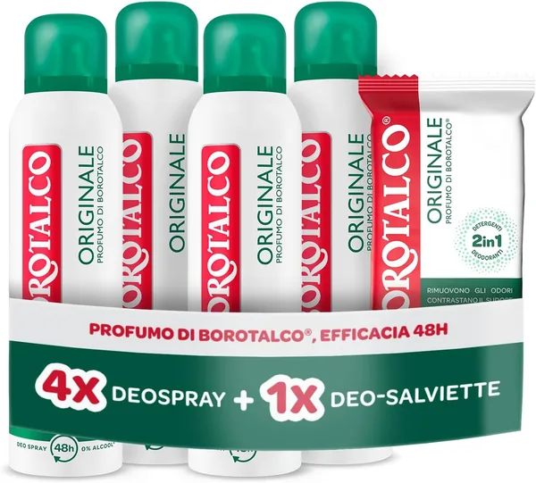 Borotalco Kit con 4 Deodoranti Spray e Deo-Wipes, Talco Vegetale e Molecole Anti-Odore, Deodorante e Detergente – Best Deal