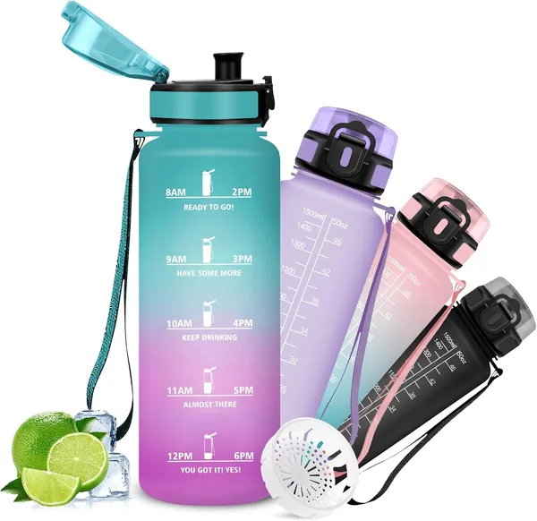 Bouteille d’eau sportive de 1,5 L avec filtre, motiver les bouteilles d’eau avec marqueur horaire, bouteilles pour camping et randonnée, étanche, facile