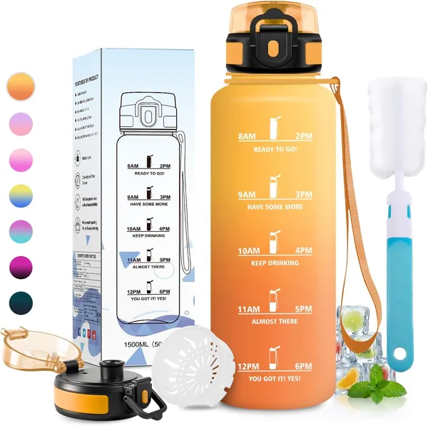 Bouteille d’eau sportive JAPORIA, 1.5 L, réutilisable avec filtre, marqueur horaire, étanche, pour l’extérieur – Meilleur Prix