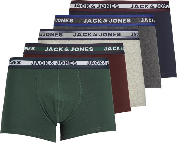 Boxer Shorts Jack & Jones Hombre, Juego de 5, Blanco, Negro, Azul y Gris, 95% Algodón, Tallas S, M, L, XL, XXL 12213221