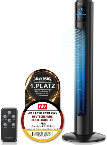 Brandson 2020 Modell – Turmventilator mit Fernbedienung und 60° Schwenkfunktion – Fußventilator – Säulenventilator – 96 cm – 3 Geschwindigkeitsstufen