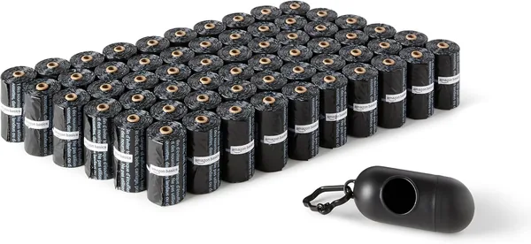 Buste per Igiene Cani Amazon Basics con Dispenser e Ganci per Guinzaglio – Non Profumate, 900 Pezzi (60 Confezioni da 15 Buste)
