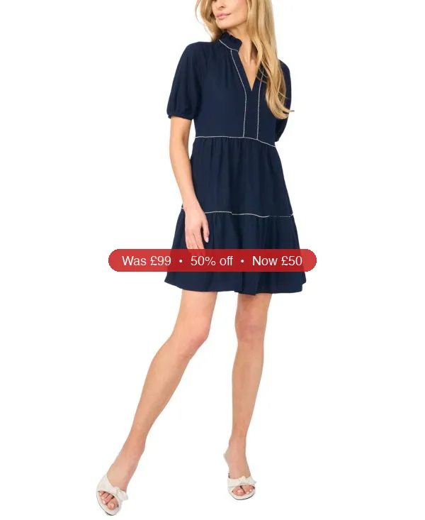 CeCe Women’s Linen-Blend Split Neck Short-Sleeve Babydoll Dress – 50% Off